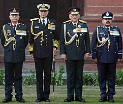 CDS General Bipin Rawat with COAS General Manoj Mukund Naravane, CNS Admiral Karambir Singh and CAS Air Chief Marshal R.K.S. Bhadauria after the ceremonial Guard of Honour, in New Delhi on January 01, 2020