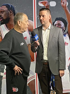 Kelvin Sampson being interviewed by CBS Sports' Matt Norlander prior to Houston's 2025 Final Four game against Duke at the Alamodome