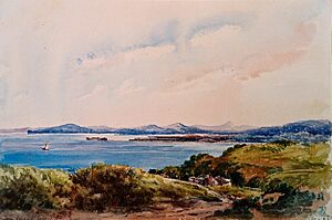 Looking from the parsonage over Howick Beach towards Waiheke showing the Royal Hotel, 20 January 1853