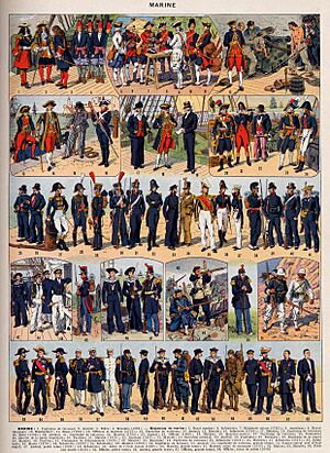 Marine FRENCH NAVY UNIFORMS naval soldiers sailors officers etc c 1690-1930. Public domain illustration Larousse du XXème siècle 1932