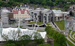 New Scottish Parliament building, seen from Salisbury Crags