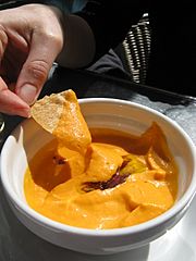 Salmorejo, a purée consisting primarily of tomato and bread, and a tortilla chip