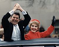 The Reagans waving from the limousine during the Inaugural Parade 1981