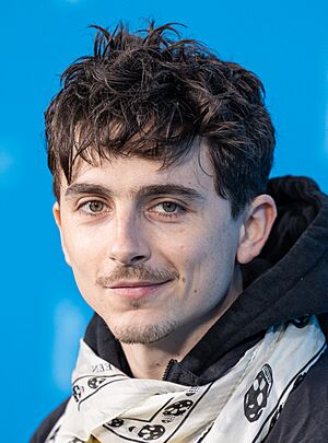 A photograph of Timothée Chalamet looking into the camera