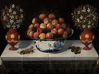 Tomás Yepes - Frutero de Delft y dos floreros, 1642