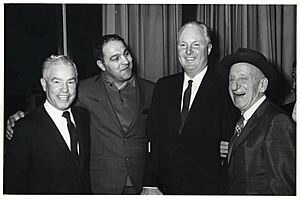 Unidentified man, boxer Rocky Marciano, Mayor John F. Collins, and singer Jimmy Durante (10559562993)