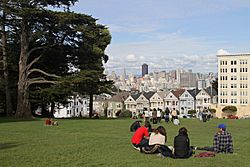 Looking across Alamo Square Park towards the famous "Painted Ladies" and city skyline