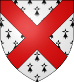 A shield of arms showing a red saltire on ermine ground
