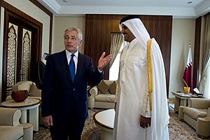 Chuck Hagel meets with Sheikh Tamim bin Hamad, Emir of Qatar, December 2013 (1)
