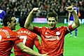 Gerrard celebrates his second goal v Everton