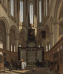 Het praalgraf van De Ruyter in de Nieuwe Kerk te Amsterdam Het koor van de Nieuwe Kerk te Amsterdam met het praalgraf van Michiel de Ruyter, SK-A-1642