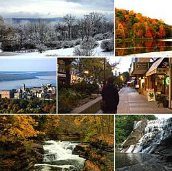 Clockwise from top left: Ithaca during winter, Ithaca during autumn, Ithaca Commons (downtown), Ithaca Falls, Hemlock Gorge, Cornell University.