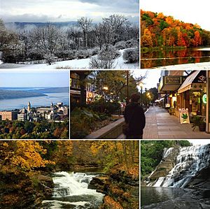 Clockwise from top left: Ithaca during winter, Ithaca during autumn, Ithaca Commons (downtown), Ithaca Falls, Hemlock Gorge, Cornell University.