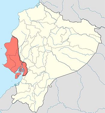 A map of the Manteno civilization (red) within Ecuador (yellow). The eastern boundary was complex (not shown)