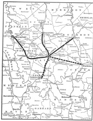 Map of Interurban Lines centered on Lexington Kentucky c 1907