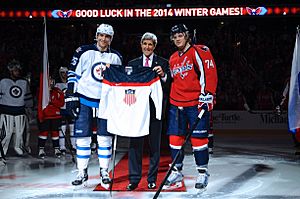 Secretary Kerry Poses After Ceremonial Puck Drop With U.S. Olympians Wheeler, Carlson (12354293833)