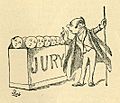  Engraving of a quaint drawing showing the little round faces of jurymen protruding from a box with the word "Jury" on it in large letters. They gaze up at the usher with cowed expressions while he wags his finger at them.