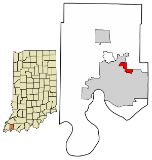 Location of Melody Hill in Vanderburgh County, Indiana.