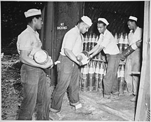 "Enlisted men serving on Espiritu Santo in the New Hebrides...placing 6-inch shells in magazines at the Naval Ammunition - NARA - 520631