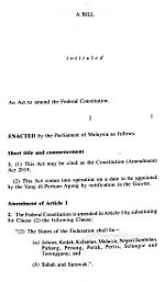 Bill for the Amendment of the Article (1) 2 of the Constitution of Malaysia, p 1
