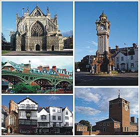Clockwise: The Cathedral, The Clock Tower, Devon County Hall, Cathedral Close, The Iron Bridge.