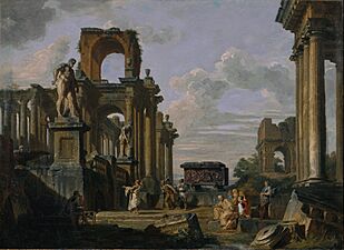 Giovanni Paolo Panini - An Architectural Capriccio of the Roman Forum with Philosophers and Soldiers among Ancient Ruins, in... - Google Art Project