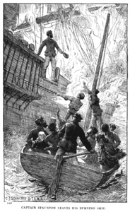 Illustration by C. J Staniland (1838-1916) and J. R. Wells (1849-1897) for The pirate island (1884, Blackie, London) by Harry Collingwood (1843-1922)-by courtesy of the Hathi Trust-page113-Burning Ship