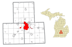 Location within Clinton County (top), Eaton County (left), and Ingham County (right)