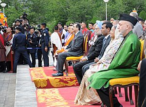 Manmohan Singh along with other Head of State and Government of SAARC Countries witnessed the Lha-dhar Hoisting (Hoisting of Traditional Large Flag), on the sidelines of the 16th SAARC Summit, in Thimphu, Bhutan