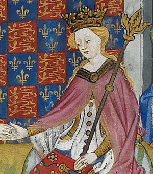 An illustration of Margaret of Anjou being presented with the Shrewsbury Book, taken from an illuminated manuscript, c. 1445.