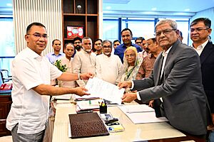 Mirza Fakhrul Islam Alamgir receiving nomination papers from Tarique Rahman at the Secretariat, 2026-08-13