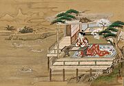Murasaki Shikibu composing the Tale of Genji at Ishiyamadera, by Yashima Gakutei