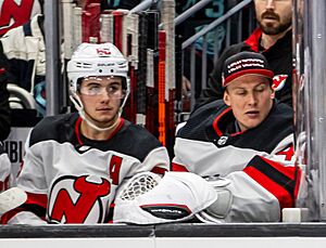 New Jersey Devils at Seattle Kraken - 2023-12-07 - Jack Hughes and Vítek Vaněček (53384406596) (cropped)
