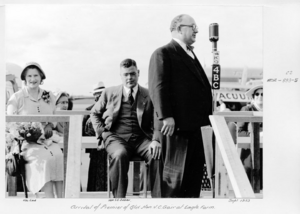 Queensland State Archives 4891 Arrival of Premier of Queensland Hon VC Gair at Eagle Farm the Premier delivers speech Mrs Gair and JE Duggan seated September 1953
