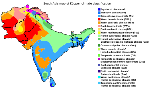 South Asia map of Köppen climate classification