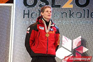 Thomas Morgenstern gold medal Oslo 2011 medal ceremony (men individual, normal hill) 2