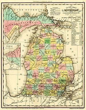 1842 A new map of Michigan with its canals roads distances by H.S. Tanner