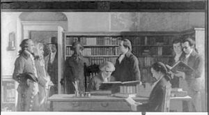 Benjamin, Franklin, 1706-1790, "Franklin opening 1st subscription library in Phila." LCCN2005685502