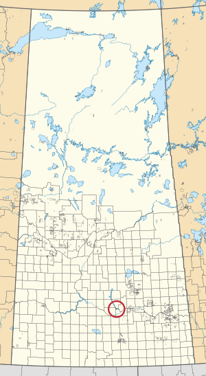 A map of the province of Saskatchewan showing 297 rural municipalities and hundreds of small Indian reserves. One is highlighted with a red circle.