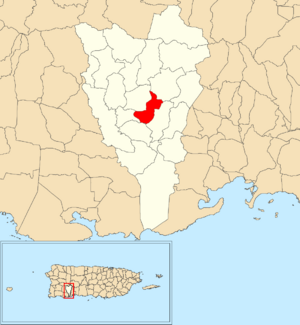 Location of Caimito within the municipality of Yauco shown in red