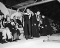 Cecil B. DeMille receives an Honorary Doctorate degree from Brigham Young University commencement 1957