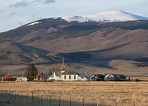 The town of Jefferson, showing one-room school house, seen looking eastward from U.S. Highway 285