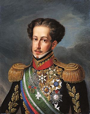 Half-length painted portrait of Pedro, wearing a uniform with gold epaulettes and the Order of the Golden Fleece on a red ribbon around his neck and a striped sash of office across his chest