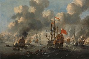 Het verbranden van de Engelse vloot voor Chatham - The Dutch burn down the English fleet before Chatham - June 20 1667 (Peter van de Velde)