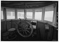 Interior of wheelhouse looking forward. - Steam Tug HERCULES, Hyde Street Pier, San Francisco, San Francisco County, CA HAER CAL,38-SANFRA,201-18