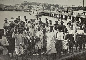 People gathering at the wharf of Suva, Fiji, c. 1900