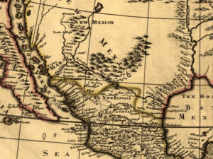 Philip Lea, North America divided into its three principal parts, 1685, detail including “Rio Escondado” flowing from the north, in “New Mexico,” southeast to the Gulf of Mexico