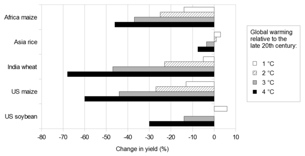 Projected changes in yields of selected crops with global warming