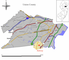 Rahway highlighted in Union County. Inset: location of Union County highlighted in the State of New Jersey.