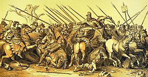 Reconstruction of the mosaic depiction of the Battle of Issus after a painting by Apelles found in the House of the Faun at Pompeii (published 1893)